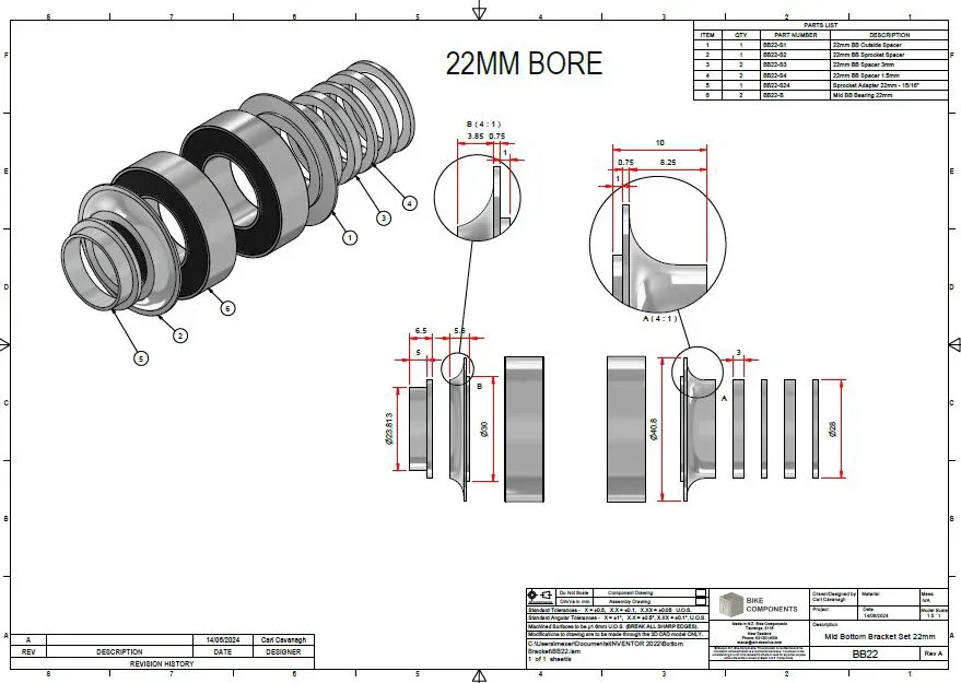 Engineering drawings for a 22mm bottom bracket