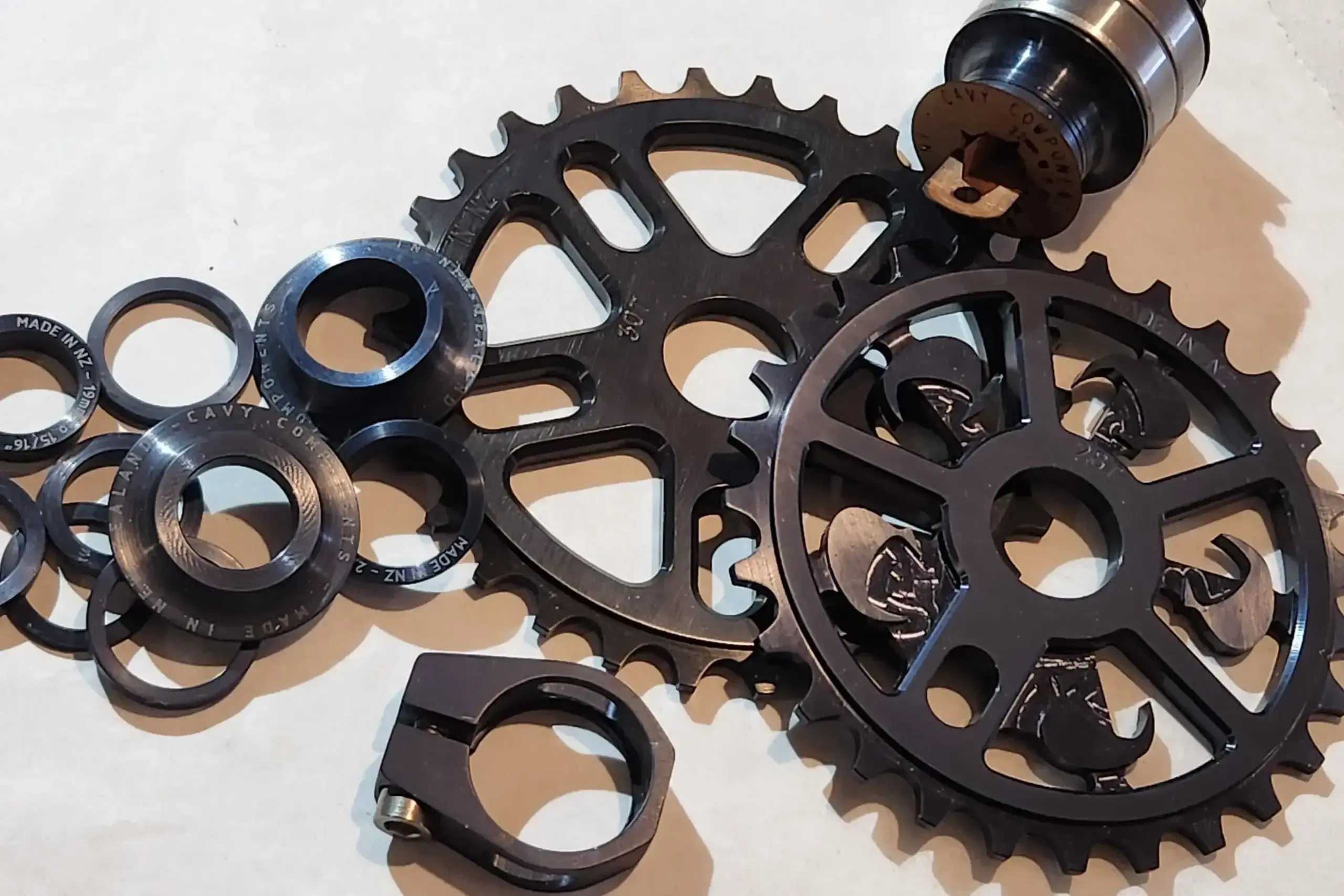 A range of machined BMX components