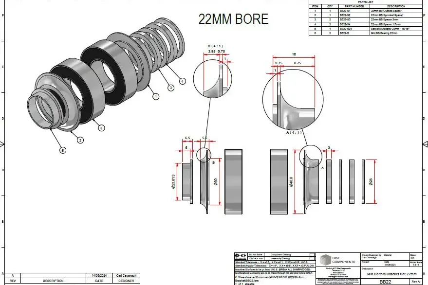 Engineering drawings for a 22mm bottom bracket
